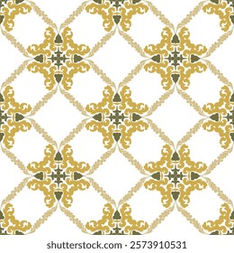 Brown flower ikat seamless pattern on white background with decorative elements. Can be used for wallpaper, pattern fills, ceramic pottery, tiles, backgrounds, and surface textures.