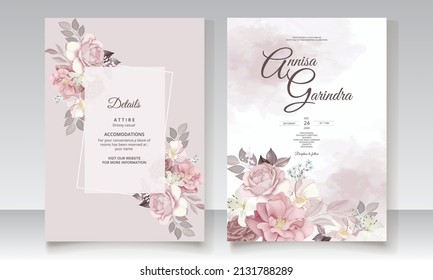 Brown flower and leaves wedding invitation template set with floral frame Premium Vector