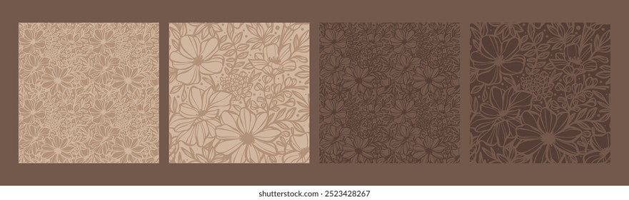 Patrones de flores marrones, Plantilla de tarjeta de impresión floral neutra cálida, colección de azulejos repetitivos sin costuras, variaciones de color