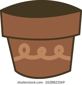 Brown flower pot with a dark brown rim and a decorative light brown swirl pattern on the body.