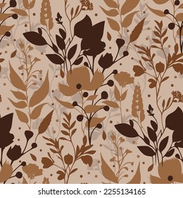 Brown flower wallpaper, vintage texture retro boho natural drawing, herbs seamless pattern vector ornament. 