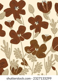 Brown flowers and leaves pattern on white background, aesthetic for wallpaper, wall decor, templates covers, art prints