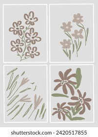 Brown flowers and leaves patterns on framed on grey background for branding package, fabric print, wallpaper, social media post, doodle, notes, book covers, wall decor.