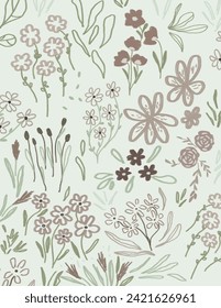 Flores marrones y hojas patrones sobre fondo verde para el paquete de marca, impresión de tela, papel pintado, post en medios sociales, doodle, notas, portadas de libros, decoración de paredes.
