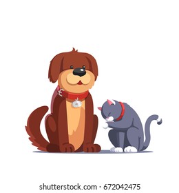 Brown Fluffy Dog Pet With Red Collar Sitting Near The Grey Cat Washing Itself Licking Its Paw. Domestic Animals Together. Flat Style Vector Illustration Isolated On White Background.