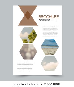 Brown flyer design template with built in images. Brochure for business, education, presentation, advertisement. Corporate identity style concept. Editable vector illustration.