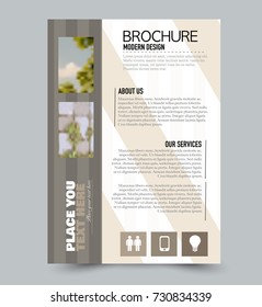 Brown flyer design template with built in images. Brochure for business, education, presentation, advertisement. Corporate identity style concept. Editable vector illustration.