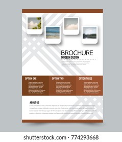 Brown flyer design template with built in images. Brochure for business, education, presentation, advertisement. Corporate identity concept. Editable vector illustration.