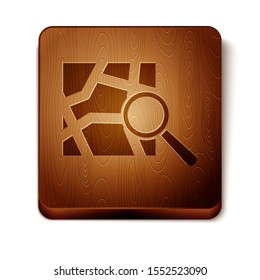 Brown Folded map with location marker icon isolated on white background. Wooden square button. Vector Illustration