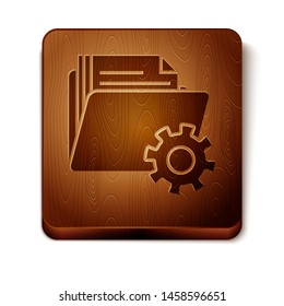 Brown Folder settings with gears icon isolated on white background. Software update, transfer protocol, teamwork tool management. Wooden square button. Vector Illustration