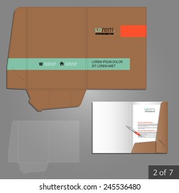 Brown folder template design for corporate identity with green and orange elements. Stationery set