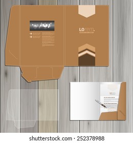 Brown folder template design for corporate identity with arrows in the center. Stationery set
