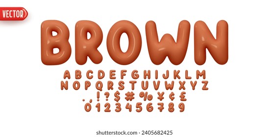 Diseño 3d realista de Brown Font. Alfabeto y números completos de 0 a 9. Colección de letras brillantes al estilo de las caricaturas. Fuentes voluminosas infladas desde el globo. Ilustración del vector