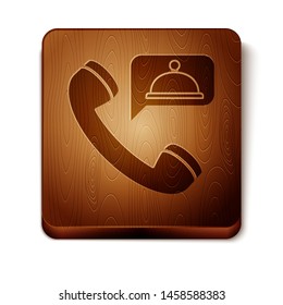 Brown Food ordering icon isolated on white background. Order by mobile phone. Restaurant food delivery concept. Wooden square button. Vector Illustration