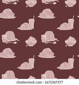 Dibujos de Doodle del patrón de la comida marrón. imagen de material vectorial
