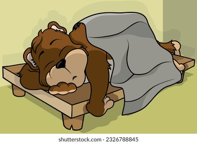 Brown Forest Bear Sleeping on an Oak Wooden Bed - Colored Cartoon Illustration with Background, Vector