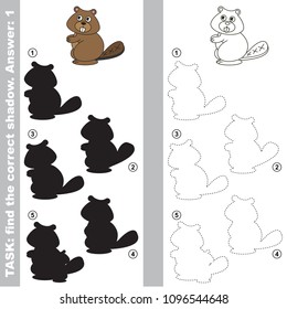 Brown Forest Beaver to find the correct shadow, the matching educational kid game to compare and connect objects and their true shadows, simple gaming level for preschool kids.
