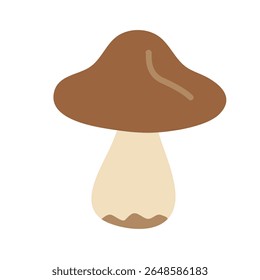Brown forest mushroom with smooth cap and pale stem. Hand drawn flat vector illustration.