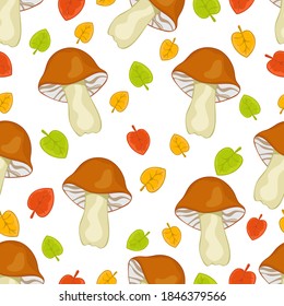 Brown forest mushrooms and autumn leaves seamless pattern, cartoon hand drawing, colorful background. For the design of children's prints, fabric, bright cute wallpapers. Vector illustration