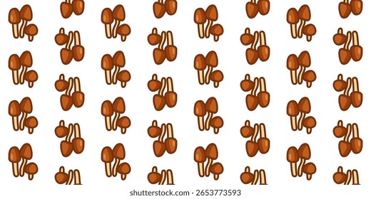 Brown Forest Cogumelos Padrão Sem Costura. Padrão de desenhos animados com pequenos grupos de cogumelos da floresta marrom. Ilustração plana com tons quentes, design sem emenda sobre fundo branco.