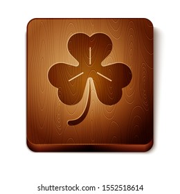 Brown Four leaf clover icon isolated on white background. Happy Saint Patrick day. Wooden square button. Vector Illustration