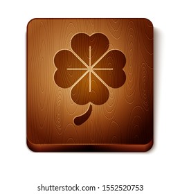 Brown Four leaf clover icon isolated on white background. Happy Saint Patrick day. Wooden square button. Vector Illustration