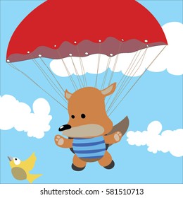 brown fox jump with parachute try to catch the bird.