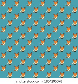 brown fox sitting front view with long ears and tail on blue background repeat pattern