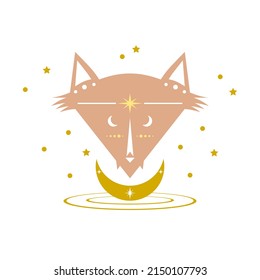 Brown fox with yellow golden moon and stars mystic witch magic boho tattoo flat icon vector design.