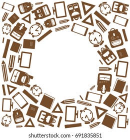 Brown frame or background with school supplies, vector illustration