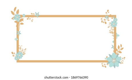 Brown frame with leaves and blue flowers. Suitable for postcards and posters. Vector.