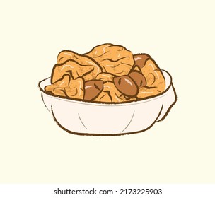 Brown fried gluten with peanuts in a white round bowl in vector flat illustration art design