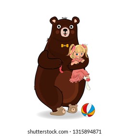Brown Friendly Bear Dressed in Neck Tie and Plush Slippers Hug and Holding in Paws Little Naughty Barefoot Baby Girl in Pink Dress. Isolated on White Background. Vector Illustration. Cartoon Character