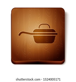 Brown Frying pan icon isolated on white background. Fry or roast food symbol. Wooden square button. Vector Illustration