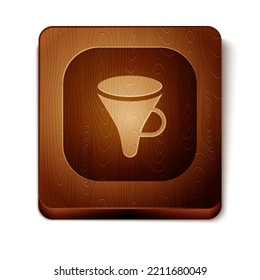 Brown Funnel or filter icon isolated on white background. Wooden square button. Vector