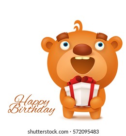 Brown funny emoji teddy bear with gift box. Happy birthday invitation card