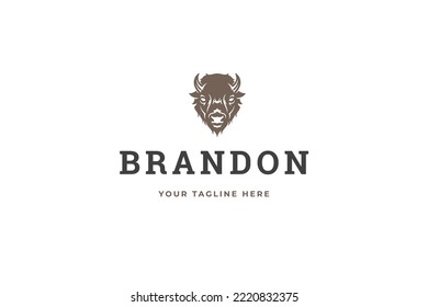 Brown furry bison head vintage logo design template natural environment habitant vector illustration. Powerful wild bull horned animal portrait buffalo hunting zoo emblem branding identification