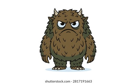 Brown furry monster with horns and a grumpy scowling expression standing alone in a simple and clean white background graphic illustration.