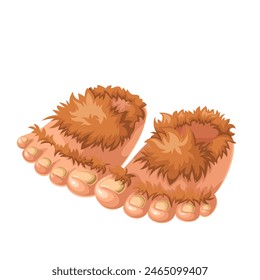 Brown furry slippers, cartoon funky footwear. Funny pair of slippers in shape of hairy foot of fairy troll with fingers and fur inside, accessory mascot, cartoon two comic shoes vector illustration