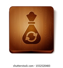Brown Garbage bag with recycle symbol icon isolated on white background. Trash can icon. Recycle basket sign. Wooden square button. Vector Illustration