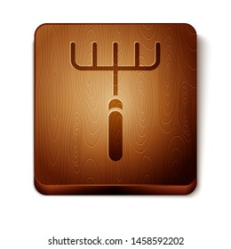 Brown Garden rake icon isolated on white background. Tool for horticulture, agriculture, farming. Ground cultivator. Housekeeping equipment. Wooden square button. Vector Illustration