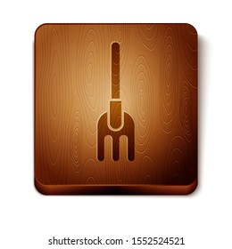 Brown Garden rake icon isolated on white background. Tool for horticulture, agriculture, farming. Ground cultivator. Housekeeping equipment. Wooden square button. Vector Illustration