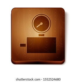 Brown Gauge scale icon isolated on white background. Satisfaction, temperature, manometer, risk, rating, performance, speed tachometer. Wooden square button. Vector Illustration