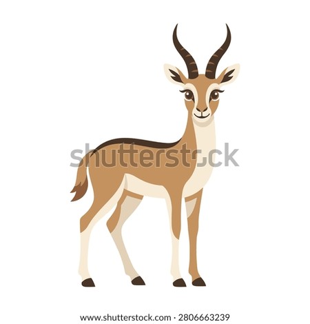 A brown gazelle with distinctive horns stands on a white background looking at camera