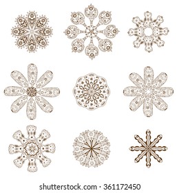 Brown Geometric circular ornament set.  Vector illustration. Hand drawn sketch. Isolated on white.