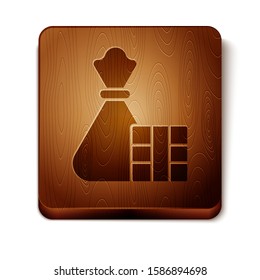Brown Gift box and bag icon isolated on white background. Merry Christmas and Happy New Year. Wooden square button. Vector Illustration