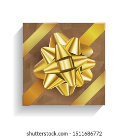 Brown gift box with big golden bow and ribbons isolated on white background. Christmas and Birthday package, selebration realistic gift box, top view