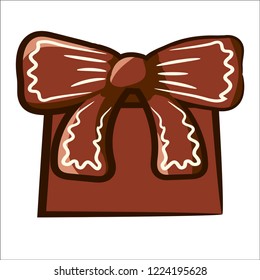 Brown Gift Box with Bow. Box Drawn in the form of Gingerbread cookies.Flat style icon with black outline. Symbol. Sign. Stock Vector Illustration. Transparent. White Isolated.