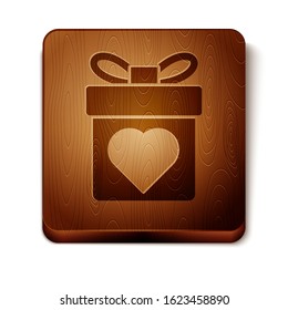 Brown Gift box with heart icon isolated on white background. Valentines day. Wooden square button. Vector Illustration