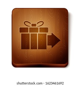 Brown Gift box icon isolated on white background. Wooden square button. Vector Illustration